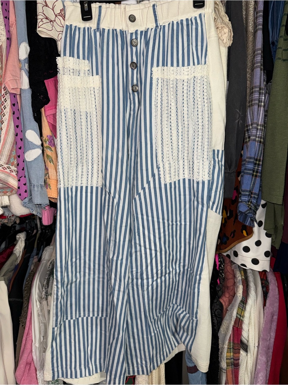 POL Blue and White Striped Wide Leg Pants with Crochet Pockets